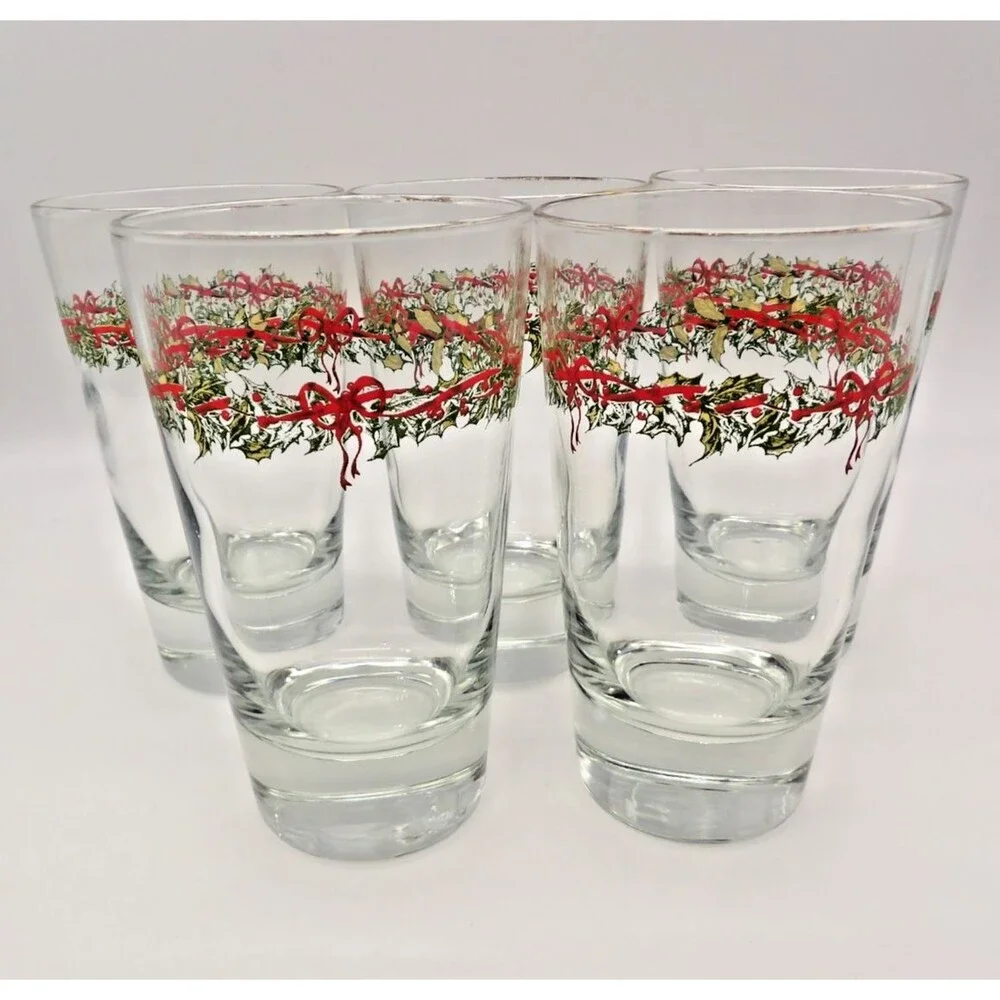 Vtg Libbey Christmas Holly Wreath Tumblers Set of 5 Heavy Base Highball Glasses